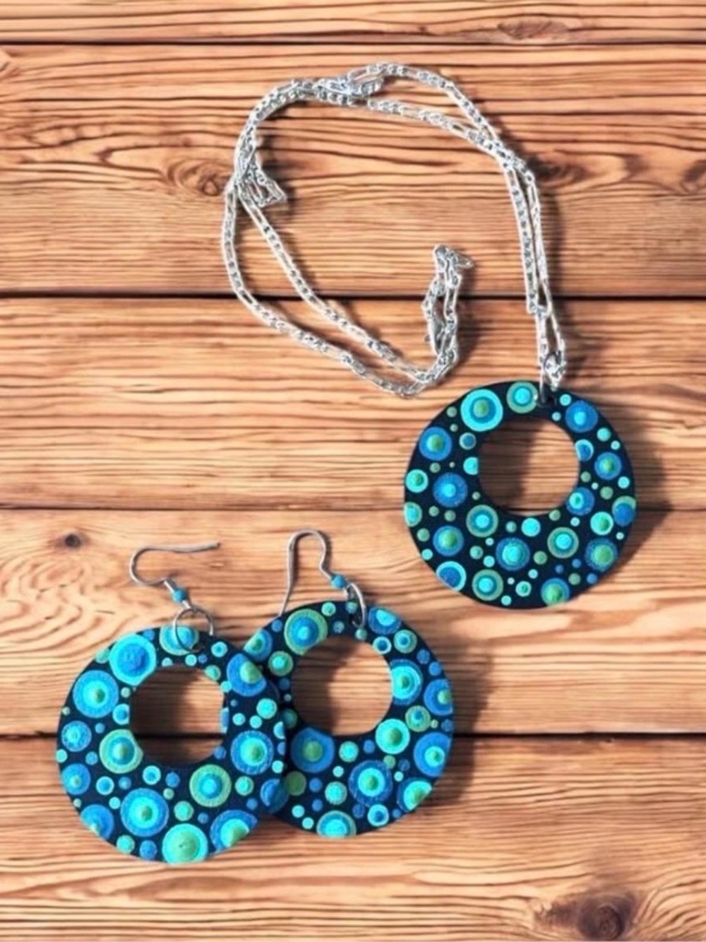 Dot-Painted Jewelry Set: Open Circle Earrings and Necklace, Turquoise Blues